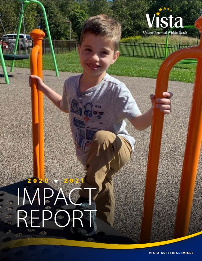 Vista 2020-2021 impact report cover displaying an elementary student at The Vista School climbing on playground equipment.